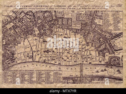. Englisch: Eine wunderbare antike Karte der Stadt London und Bezirk, in dem die massive Schäden, die als Folge des Großen Feuers gelitten. Die Karte ist besonders detailliert wie die Skala ist eine große 6,5 Zoll auf der Meile. Es gibt informative Indizes Auflistung sowohl fehlt und die übrigen Eigenschaften. 10 Februar 2013, 13:14:41. John Norden und von Peter Van Den Keere Lond auf nach dem großen Brand von emanual Bowen auf eine frühere Arbeit von einer Wenzel Hollar 454 alte Karten das Große Feuer von London eingraviert Stockfoto
