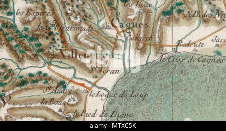 . Français: Emplacement du Prieuré de Saint-V'eab-du-Loup sur la carte de César-Fran çois Cassini (feuille N° 169 publiée en 1780). Ce-prieuré était une Firma de l'Abbaye de Lérins. Il était en Ruine à l'époque du Relevé de cette Carte et personne n'est fähig, aujourd'hui d'indiquer Quel était Son emplacement exakt. 14. September 2016. César-Fran çois Cassini, 1780 537 Saint Veran-du-Loup Stockfoto