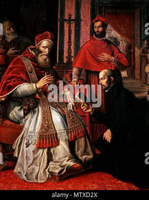 . Englisch: Papst Paul III. genehmigt die Formula Instituti von Ignatius von Loyola (1539). 17. Jahrhundert. N.N. 471 Paul iii und Ignatius von Loyola Stockfoto