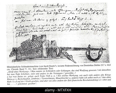 . Mittelalterliche Schleudermaschine, Zeichnung in der Schwäbisch Gmünder Chronik von Dominikus Debler (um 1800), Stadtarchiv Schwäbisch Gmünd, Bd. 1, Bl. 5, S. 41, Abbildung zum Versprechen (1450) des im Städtekrieg (Schlacht bei Waldstetten) gefangengenommenen Werkmeisters Jakob Eisele ein Graf Ulrich von Württemberg, ihm zwei" werfende Handwerke' zu bauen. 1805. Dominikus Debler 546 Schleudermaschine Debler Stockfoto