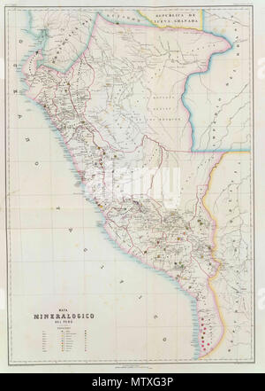 . Mapa mineralógico del Perú, hacia 1865. Paz Soldan. Geografia del Peru. Grabado por Delamare, Calle St. Andre des Arts, 45, Paris. Paris, Imp. Janson, Calle Antne. Dubois, 6. (Paris, Libreria de Augusto Durand, 1865). 1865. Paz Soldan, Mariano Felipe (1821-1886) 477 PERU MAPA 1865 Stockfoto