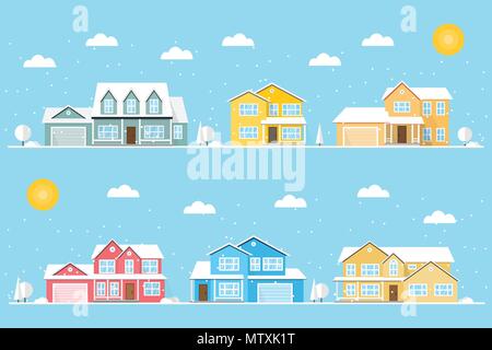 Nachbarschaft mit Wohnungen und Schneeflocken auf blauem Hintergrund dargestellt. Vektor flachbild Symbol suburban amerikanische Häuser im Winter. Für web design und App Stock Vektor