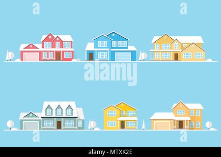 Nachbarschaft mit Wohnungen illustriert auf Blau. Vektor flachbild Symbol suburban amerikanische Häuser. Für web design und Application Interface, auch nützlich für die Info Stock Vektor