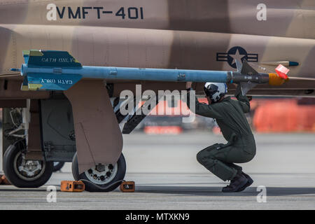 Ein Pilot führt eine pre-check auf der F-5N Tiger II an Bord der Marine Corps Air Station Beaufort, 31.01.26. Marine Fighter Training Squadron 401 arbeitete mit Marine Aviation Waffen und Taktiken Squadron One die Marine Division Taktik Kurs an der Air Station zu leiten. VMFT-401, sofern der Gegner, während die MAWTS-1 Kursleiter Piloten gelehrt und bewertet MCAS Beaufort F/A-18 Piloten während des Kurses. Der Pilot ist ein Fluglehrer mit VMFT-401. Beide VMFT-401 und MAWTS-1 sind an Bord MCAS Yuma stationiert, Ariz. Stockfoto