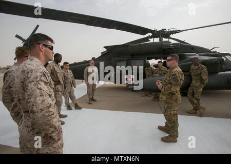 U.S. Army Chief Warrant Officer Kevin Connolly, ein HH-60M Black Hawk Helicopter Pilot mit Charlie Company, 1-111 th Aviation Regiment, Schriftsatz U.S. Navy corpsmen mit speziellen Zweck Marine Air-Ground Task Force-Crisis Response-Central Befehl vor der Durchführung einer Gemeinsamen dustoff Schulungsveranstaltung während Freuen im Nahen Osten, Jan. 28, 2017 bereitgestellt. Dustoff Ausbildung besteht aus die schnelle Be- und Entladen der Verletzten in die und aus der Black Hawk Hubschrauber; in der Lage sein, schnell und effizient verwundet Personal im Bereich gemeinsam behandeln unterstützt die große Krise speichereinbauort SPMAGTF Stockfoto