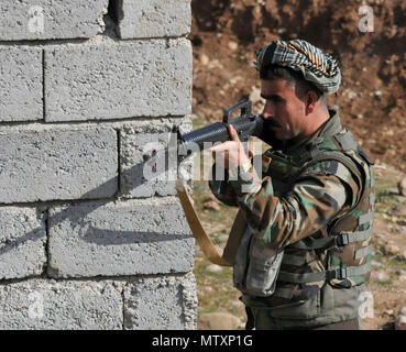 Ein peshmerga Soldat steht Wache während urban Operations Training in der Nähe von Erbil, Irak. Niederländische und norwegische Soldaten, Teil der Kurdistan Training Coordination Center, beaufsichtigte Ausbildung ist der Tag, den der einzelnen Bewegung Techniken enthalten, Counter IED und Einlasskontrolle verfahren. Die KTCC ist eine multi-nationale Koalition für die Ausbildung, Beratung und Unterstützung der kurdischen Truppen ISIL im Irak zu besiegen. Stockfoto