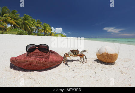 Hut, Krabben und Kokosnuss auf tropischen Sandstrand, Weihnachtsinsel, Kiribati Stockfoto