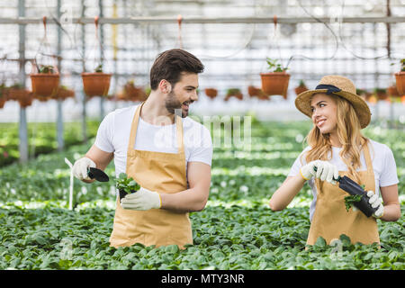 Paar Gärtner Blumen Pflanzen im Gewächshaus Stockfoto