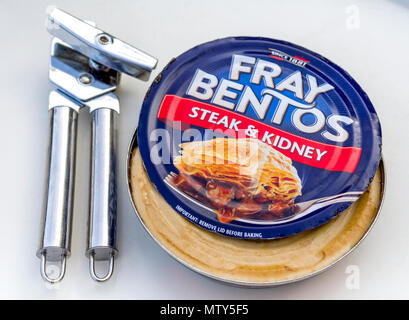 Klassische Fray Bentos Steak & Kidney Pie in eine Blechdose mit Flaschenöffner, Fray Bentos wurde erstmals um 1865 in Uruguay gebildet Stockfoto