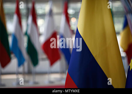 Brüssel, Belgien. 31. Mai 2018. Donald Tusk, der Präsident des Europäischen Rates begrüßt der Präsident der Republik Kolumbien Juan Manuel Santos auf Europäischer Rat Sitz. Alexandros Michailidis/Alamy leben Nachrichten Stockfoto