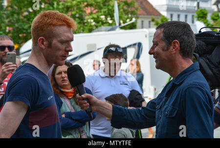 Salisbury, Wiltshire, UK. 31. Mai 2018. 2018 OVO Energy Tour Serie Grand Final. Ed Clancy befragt, bevor er einzelne für die Männer. Credit: JWO/Alamy leben Nachrichten Stockfoto