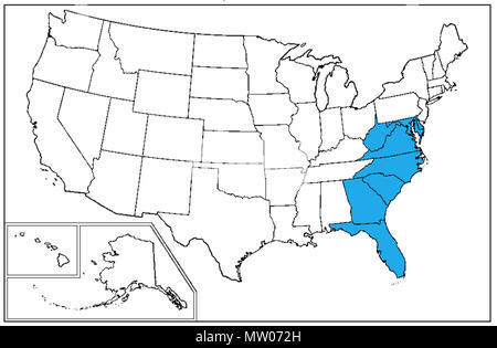 . Englisch: eine Karte des United States Census Bureau Region 3, Division 5, 'South Atlantic", bestehend aus den Bundesstaaten Delaware, Maryland, Virginia, West Virginia, North Carolina, South Carolina, Georgia und dem Distrikt von Columbia. Vom 8. März 2010. 568 SouthAtlanticStates Dubyavee Stockfoto