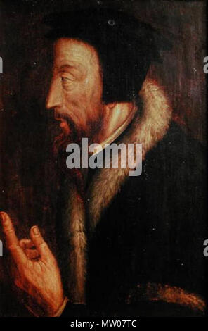 . Englisch: Anonym 16. Jahrhundert Portrait von Calvin. (Vordere Abdeckung Cottret, Bernard (2000), Calvin: eine Biographie, Grand Rapids, Michigan: Wm. B EERDMANS). 16. Jahrhundert. Anonym 495 Portrait Johannes Calvin (gespiegelt) Stockfoto