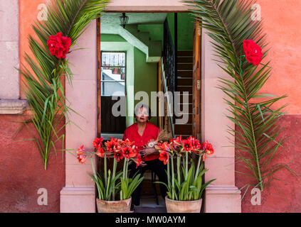 Eine katholische Frau hat ihr Haus entlang der der PALMSONNTAG Prozession vom Parque Juarez Route zum Jardin - San Miguel de Allende, Mexiko eingerichtet Stockfoto