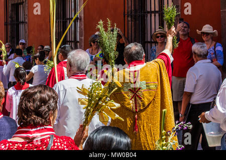 Katholische Priester sprengen Weihwasser auf die Gläubigen während der palmsonntag Prozession vom Parque Juarez zum Jardin - San Miguel de Allende, Mexiko Stockfoto