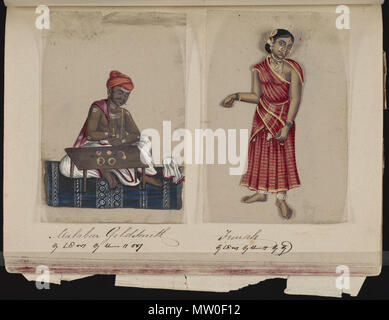 . Eine Seite aus dem Manuskript 70 - zwei Exemplare der Kasten in Indien, die besteht aus 72 full-color handgemalte Bilder von Männern und Frauen der verschiedenen Kasten und Religionen und ethnischen Gruppen in Madura, Indien zu dieser Zeit gefunden. Jede Zeichnung war auf Glimmer, ein transparentes, flockig Mineral, das teilt sich in dünnen, transparenten Platten. Wie auf der Seite Präsentation angegeben, das Album wurde von der Indischen schreiben Master an einer englischen Schule eingerichtet, die von den amerikanischen Missionaren in Madura zusammengestellt, und der Reverend William Twining. Das Manuskript zeigt indianische Kleidung und Schmuck Schmuck in der Stockfoto