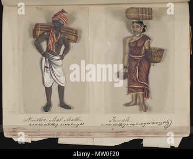 . Eine Seite aus dem Manuskript 70 - zwei Exemplare der Kasten in Indien, die besteht aus 72 full-color handgemalte Bilder von Männern und Frauen der verschiedenen Kasten und Religionen und ethnischen Gruppen in Madura, Indien zu dieser Zeit gefunden. Jede Zeichnung war auf Glimmer, ein transparentes, flockig Mineral, das teilt sich in dünnen, transparenten Platten. Wie auf der Seite Präsentation angegeben, das Album wurde von der Indischen schreiben Master an einer englischen Schule eingerichtet, die von den amerikanischen Missionaren in Madura zusammengestellt, und der Reverend William Twining. Das Manuskript zeigt indianische Kleidung und Schmuck Schmuck in der Stockfoto