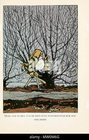 . Abbildung aus den Spielen Schneewittchen und die sieben Zwerge von Jessie Braham Weiß, Jacob Grimm, Wilhelm Grimm, Edmond W Rickett, und Charles Schnallen fällt. Die Bildunterschrift lautet: "Hier für fast ein Jahr, das Sie über Nacht' und aufgepaßt haben. Drucken Datum 1913. Charles Schnallen fällt 565 Schneewittchen und die sieben Zwerge, Spielen (Abbildung auf Seite 214) Stockfoto