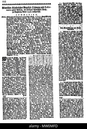 . English: Römischer Käyserlicher Majestät Ordnung und Reformation guter Policey, im Heiligen Römischen Reich, zu Augspurg Anno 1530. auffgericht. (Polizeiordnung von Karl V. 1530). 23. November 2008. Merker Berlin 489 PO 1530 1. Stockfoto