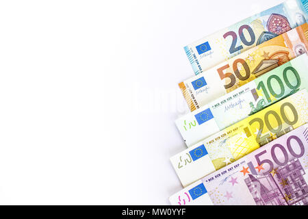 Euro Bargeld. Viele Euro-banknoten unterschiedlicher Werte. Stockfoto