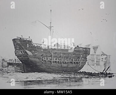 . Die verbietet, Form der Strände überführen Schiff, Entdeckung, Deptford. Als 10 gun Sloop in Rotherhithe eingeführt, im Jahr 1789, das Schiff diente als überführen Hulk von 18-18-34. 19. Unbekannt 164 Entdeckung in Deptford Stockfoto