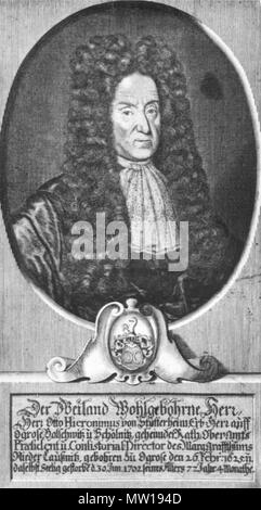 . Deutsch: Otto Hieronymus von Stutterheim (26.02.1625-30.06.1702) Oberamtsregierungspräsident und Konsistorialdirektor der Niederlausitz Der Weiland Wohlgebohrne Herr, Herr Otto Hieronimus von Stutterheim, Erb-Herr Ogrose auff, Bolschwitz u Schölnitz, Ober-Amts geheimder Rath, Präsident u. Consistorial-Director des Marg-Graffthums Nieder Lausitz, zu Ogose gebohren den 26. Febr.: 1625. u. Daselbst seelig gestorben d. 30. Jun 1702 Waden ändert 77. Jahr 4. Monathe. ca. 1702. Unbekannt 579 Stutterheim, Otto Hieronymus von (1625-1702) Stockfoto