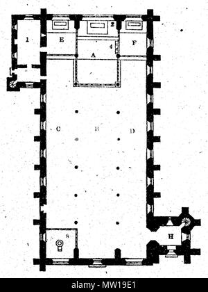 . Englisch: Abbildung 9 der Vorschläge auf die Anordnung und Merkmale von Pfarrkirchen. Ursprüngliche Beschreibung von J.J.McCarthy auf S. 17: Abbildungen 8 und 9 zeigen die Pläne der Kirchen, bestehend aus Chor, Langhaus und Gänge: Sie sind jene von St. Anne's, Liverpool, und St. Mary's, "Stern des Meeres", Irishtown, in der Nähe von Dublin. A ist der Chor; B, Langhaus; C, nördlichen Seitenschiff; D, südlichen Seitenschiff. E F, Abbildungen 8 und 9, sind Seitenkapellen. 1851. J.J.McCarthy 580 Vorschläge auf die Anordnung und Merkmale von Pfarrkirchen Abbildung 09. Stockfoto