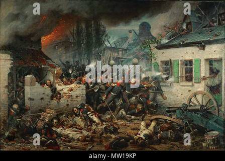 . Englisch: Angriff auf Plancenoit, während der Schlacht von Waterloo, von preußischen Divisionen von Hiller, Ryssel und Tippelskirch, die die Französische Imperial Junge Garde und die 1 Bataillone der 2 Grenadiere und 2 Chasseurs überwältigt. 1864. Adolf Northern (November 6, 1828 - Mai 28, 1876) 504 preußischen Angriff Plancenoit von Adolf Northern Stockfoto