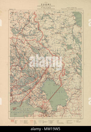 . Deutsch: Karte der Südosten von Finnland ab 1941. Deutsch: Jatkosodassa (25.6.1941-19.9.1944) karttahuollon johtoportaana toimi päämajan topografinen osasto ja kartoitusjoukkona topografipataljoona. Kun suomalaisten joukkojen hyökkäystoimet ulottuivat Itä-Karjalaan ja rintamalinjat vuodenvaihteessa 1941-1942 Sinne myös vakiintuivat, kohdistui alueeseen kiireinen karttatarve. Sotasaaliina saaduista venäläisistä topografisista 1 : 50 000 Ja 1 : 100 000 kartoista tehtiin päällepainatuksia suomalaisin tekstein. Lisäksi niitä hyödynnettiin ns. pikakartoituksessa yhdistämällä Informationen ilmakuvakarttoih Stockfoto