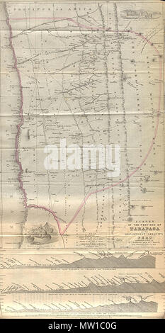 . Peru - tarapaca Provinz 1851. "Umfrage der Provinz Tarapaca in der Abteilung von Arequipa Peru begann im Jahr 1827 durch Wm. Bollaert und Geo. Smith mit Ergänzungen 1851 von W. B." aus dem Amtsblatt der Königlichen Geographischen Gesellschaft. 1851. Aus dem Amtsblatt der Königlichen Geographischen Gesellschaft. 587 Tarapaca Peru 1851 Stockfoto