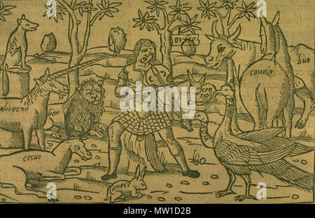 . Englisch: Orpheus Charme die wilden Tiere. Kupferstich von Regius für Ovids Metamorphosen Buch X, 143 - 144. Français: Orphée charmant Les animaux. Tiefdruck de Regius pour les métamorphoses d'Ovid, livre X, 143 - 144. . Regius 514 Regius - Orpheus Tiere Stockfoto