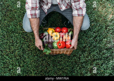 7/8 Schuß von Bauer Holding Korb mit frischem Gemüse aus ökologischem Anbau Stockfoto