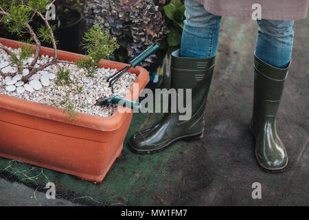 7/8 Schuß von Gärtner in Gummistiefel in der Nähe von Poti stehend mit Gartengeräte Stockfoto