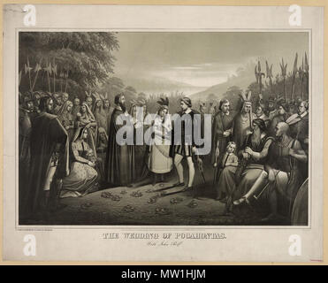 . Englisch: Titel: Die Hochzeit von Pocahontas mit John Rolfe/Geo Spohni. Datum erstellt/Veröffentlicht: Philadelphia: von Joseph Hoover veröffentlicht, 719 Samson St., c 1867. Medium: 1 drucken: Lithographie. Zusammenfassung: Drucken, die große Versammlung der Eingeborenen und der Engländer für Hochzeit Zeremonie zwischen Pocahontas und John Rolfe. Reproduktion Number: LC-DIG-pga -03343 (digitale Datei aus original Print) LC-USZ 62-5258 (b&w film Kopieren neg.) Rechte Advisory: Keine bekannten Einschränkungen bei der Veröffentlichung. Rufnummer: PGA-Sponhi - Hochzeit von Pocahontas ... (D) [P&P] Repository: Bibliothek des Kongresses Drucke und Fotografien Stockfoto