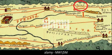. Englisch: Teil der Tabula Peutingeriana, östlichen Mösien unterlegen, östlichen Dacia und Thrakien, 1-4 Jh. CE. Faksimile-ausgabe von conradi Millieri, 1887/1888 Română: Fragment din Tabula Peutingeriana incluzând părţile estice ale Moesiei minderwertig Și ale Daciei, cât și Tracia, Sec. I-IV d.C. Millieri Facsimil de Conradi, 1887/1888. 20 Juni 2012, 13:10 (UTC). Teil der Tabula Peutingeriana, östlichen Mösien unterlegen, östlichen Dacia und Thrakien.png: Conradi Millieri abgeleitete Arbeit: Codrin. B (Talk) abgeleitete Arbeit: Vammpi 603 Thera TabulaPeutingeriana Stockfoto