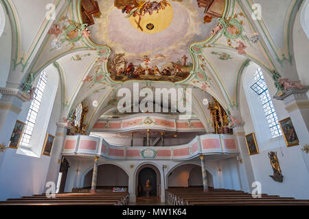 Orgelempore, Pfarrkirche St. Laurentius, Königsdorf, Oberbayern, Bayern, Deutschland Stockfoto