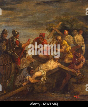 . Italiano: Autor: Veronese, Paolo (Paolo Caliari). 1528-1588 Informationen über das Original: Dürer, Albrecht (holzschnitt mit dem gleichen Titel als Basis für die Zusammensetzung) Schule: Venezianische Titel: Nageln zum Kreuz Ort: Italien Datum: 1570 s Technik: Öl auf Pergament auf Panel Dimensionen eingefügt: 16 x 20 cm Erwerb Datum: die Eremitage 1772 Eingetragen; aus der Sammlung von L.A. erworben werden Crozat, Baron de Thiers in Paris Inventarnummer: ГЭ-155. 22. September 2017. Paolo Veronese (1528-1588) Alternative Namen Geburt Name: Paolo Caliari Artist Name: Paolo Cagliari/Paolo Caliari Descriptio Stockfoto