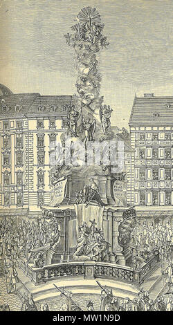 . Pestsäule in Wien. Detail "Der Eid der Treue zu Maria Theresia, Erzherzogin von Österreich am 22. November 1740. Von Georg Christoph Kriegl 'sEid der Treue", Wien, 1742. (Nach dem Original im Germanischen Nationalmuseum in Nürnberg.)". 1902. 'Von Georg Christoph Kriegl 'sEid der Treue", Wien, 1742." 631 Wien - Pestsäule - Gravur Stockfoto