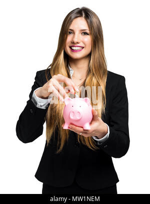 Business Frau mit Sparschwein und Euro Stockfoto