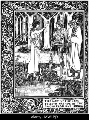 . Englisch: Illustration von Aubrey Beardsley (1872-1898) für Thomas Malory Le Morte d'Arthur (Buch I - Kapitel III) von J. M. Dent 1893 veröffentlicht. Die Gravur spiegelt den japanischen Holzschnitt "ukiyo-e. 1893. Aubrey Vincent Beardsley (1872-1898) für Le Morte d'Arthur: J. M. Dent & Co Jahr: 1893 596 Die Dame vom See verkündigt Arthur das Schwert Excalibur Stockfoto