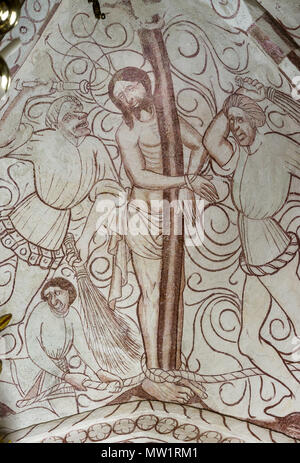 Die Geißelung Christi oder Christus an der Säule, einer gotischen Kirche Fresko in Bronnestad, Schweden, 11. Mai 2018 Stockfoto