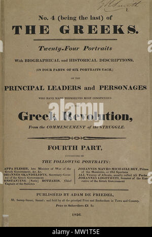 . Englisch: Adam de Friedel. Die Griechen, 24 Porträts der wichtigsten Führer und Persönlichkeiten, die sich vorgenommen haben, am auffälligsten in der Griechischen Revolution, vom Beginn des Kampfes, London, Adam de Friedel, 1830. 1830. Adam Friedel (1786 -) Beschreibung dänischen Maler und Verleger Geburtsdatum / Tod 1786 19. Jahrhundert Arbeit Lage London (1833 - 1845) Kontrolle: Q 349403 VIAF: 23331963 GND: 133524914 608 Titelblatt der ersten Ausgabe der vierte Teil der Arbeit - Friedel Adam De - 1832 Stockfoto