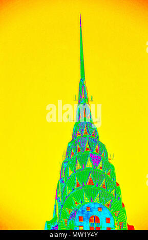 Chrysler Building, der Edelstahl Gipfel oder Art déco-Krone und die Turmspitze (in PS, Pop Art gerendert), von William Van Alen (1928-30), New York, NY, USA Stockfoto