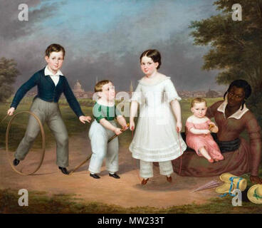 . "Robert, Calvin, Martha und William Scott und Mila' Mitte der 1840er Jahre Malerei zeigt die Kinder von Reverend William Anderson Scott von der First Presbyterian Church in New Orleans, mit Ihrem slave Mila auf der rechten Seite. Die Skyline der amerikanischen Viertel von New Orleans ist im Hintergrund von über einem Feld gesehen; der Turm der First Presbyterian Church in der Mitte. Nicht datiert. Circa 1843-1845 aus offensichtlichen Alter und bekannten Termine der Kinder (Liste und Geburtsdatum an [1] gefunden. Unbekannt 648 William Anderson Scott Familie Kinder New Orleans Stockfoto