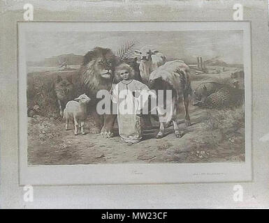 . Bild einer Radierung von Künstler William Strutt im Jahre 1896. Jesaja 11:6,7: Der Wolf und das Lamm wird leben, der Leopard wird unten liegen das Kalb und der Junglöwe und das jährling zusammen; und ein kleines Kind wird sie führen. Die Kuh und Bärin werden [miteinander] weiden, ihre Jungen werden zusammen lagern. Und der Löwe wird Stroh fressen wie das Rind. 1896. William Strutt 649 William Strutt Frieden 1896 Radierung Stockfoto