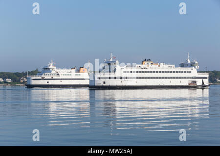 Die Dampfschiff-Fähren „MV Island Home“ und „MV Woods Hole“ fahren im Hafen von Vineyard Haven auf der Strecke zwischen Woods Hole und Martha's Vineyard. Stockfoto