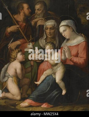 . Die Heilige Familie mit der hl. Anna und Johannes der Täufer. Giovanni Battista Ramenghi 245 Giovanni Battista Ramenghi Sagrada Familia con Santa Ana y San Juanito Stockfoto