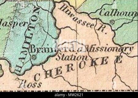 . Englisch: ein wunderschönes Beispiel von Finley's wichtige Karte 1827 von Tennessee. Zeigt den Zustand mit moderaten Detail in Finley's Classic minimalistischem Stil. Zeigt den Fluss Wege, Straßen, Kanälen, und einige topographische Merkmale. Angebote Farbcodierung auf der Ebene der Landkreise. Titel und der Maßstab im oberen linken Quadranten. Finley's Karte von Tennessee ist besonders interessant und wichtig wegen seiner Darstellung der sich schnell wandelnden Indianische Situation im Südosten des Staates. Im Jahre 1827 einen wesentlichen Teil der südöstlichen Tennessee und nordwestlichen Georgia wurde ein begrenztes Gebiet der L Stockfoto