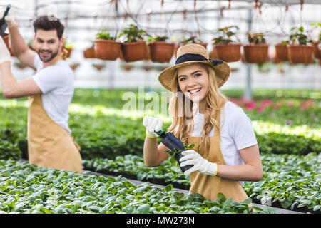 Paar Gärtner mit Schaufeln Blumen Pflanzen im Gewächshaus Stockfoto