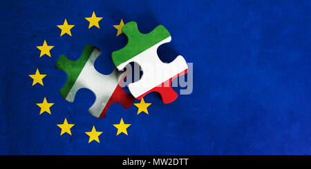 Italien und die EU-Beziehungen, Italexit Konzept. Fahne der Europäischen Union mit Italien Flagge Puzzle Stück heraus. 3D-Darstellung Stockfoto